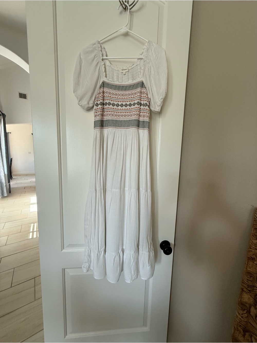 bohme White Maxi Dress with Multicolor Smocked Bodice